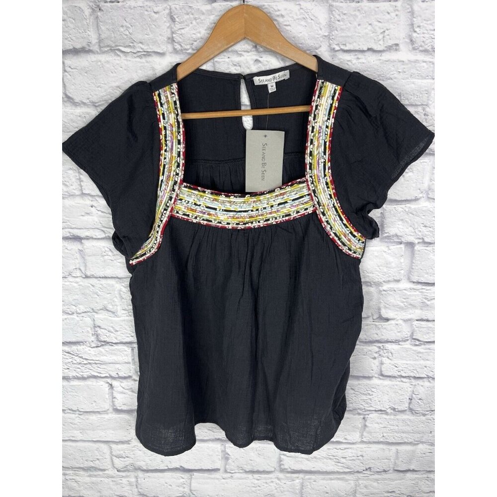 SEE AND BE SEEN Women's Black Ribbon Roll Square Neck Blouse NWT Medium